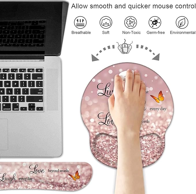 Keyboard Wrist Rest and Mouse Pad Wrist Support Set with Coasters, Non-Slip PU Base Ergonomic Gaming Mousepad for Home Office Working Studying Easy Typing & Pain Relief, Glitter Quote Live Laugh Love