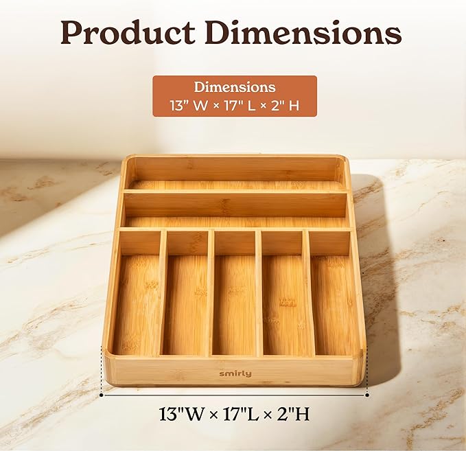 SMIRLY Silverware Drawer Organizer – Bamboo Kitchen Drawer Organizer, Adjustable Utensil Holder and Cutlery Tray, Drawer Dividers for Flatware and Kitchen Utensils