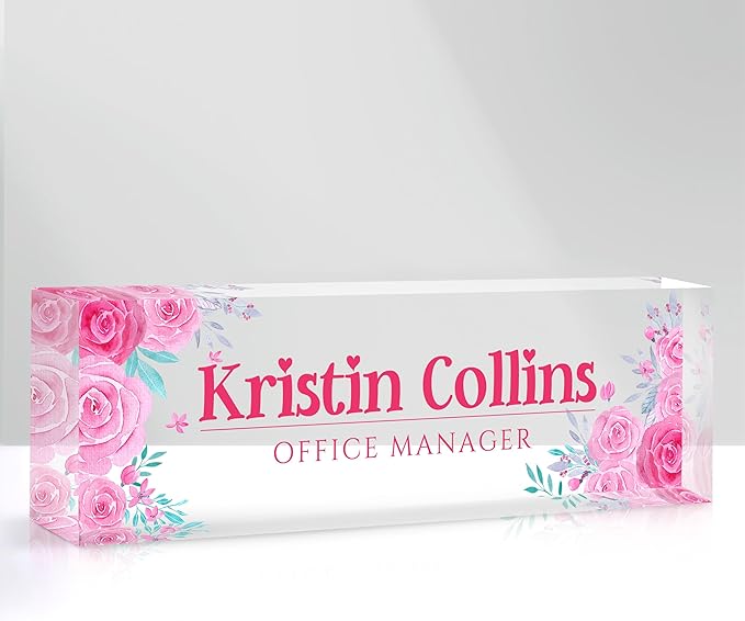 Custom Name Plate for Desk, Personalized Desk Name Plate on Clear Acrylic Glass, Appreciation Gifts for Teacher Employee Boss Coworkers Nurse, Office Desk Accessories for Women Men (Rose)