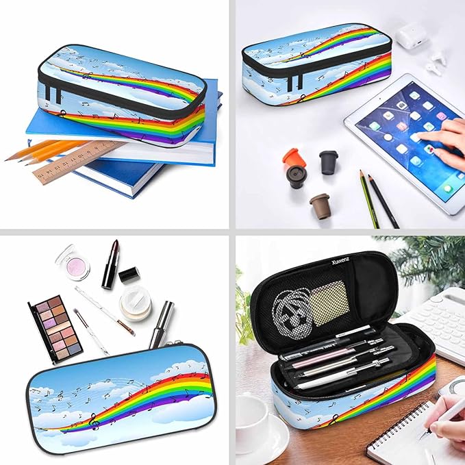 Rainbow Notes Pencil Case Blue Sky White Clouds Pencil Bag Pen Markers Pouch Holder Organizer for Boy Girl School Students