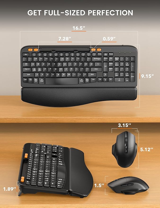Wireless Keyboard and Mouse Combo, Ergonomic Wave Keys, Cushioned Palm Rest, Rechargeable, Phone Holder, Natural Typing, 2.4G Lag-Free, Full Size Keyboards Cordless Set for Windows/Mac -SABLUTE