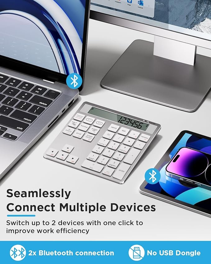 Rechargeable Wireless Number Pad for Laptop, 34 Keys Numeric Keypad with Dual Bluetooth & Display, 2-in-1 Numpad and Calculator, Slim Portable Number Pad Keyboard for Windows, Mac, PC, Tablet