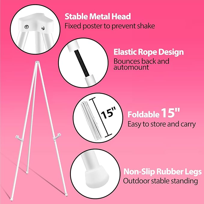 63" White Easel Stand for Wedding Sign Poster Display Easel Folding Art Easel for Floor Adjustable Metal Easel Instant Tripod Easel for Display Painting Wedding Shower Sign Easel, 1Pack