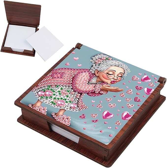 Wooden DIY Cute Old Lady Diamond Art Notecard Box – DIY Gem Art Sticky Note Holder for Adults 160 Sheets Memo Pad Storage