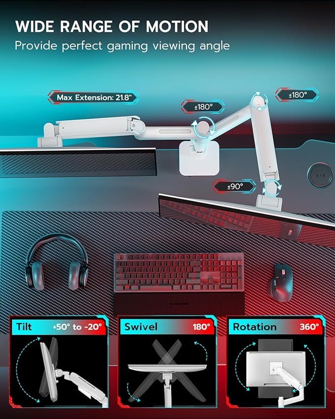 ARES WING Dual Monitor Mount for 17-49 Inch Ultrawide Heavy Duty Curved Screen Stacking, Computer Monitor Arm Desk Mount with USB, Gas Spring Adjustable Vesa Stand, White