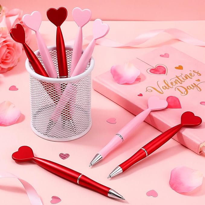 Crtiin 50 Pcs Valentine's Day Heart Shaped Pens Bulk Black Gel Ink Novelty Valentine Party Favor 1.0 mm Heart Ballpoint Pens for Men Women Office Valentine's Day Wedding Party Supply (Red Pink)