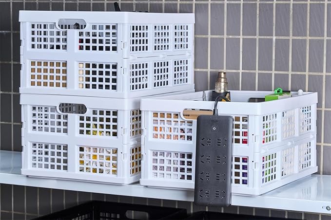 3-Pack Plastic Collapsible Storage Crates-30L,Foldable Plastic Crates for Storage (White)
