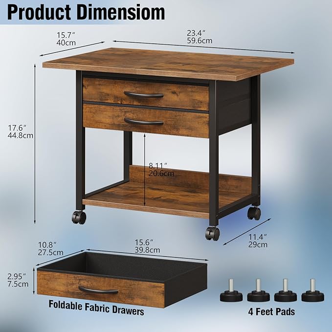 Large Printer Stand with Storage Fabric Drawer Under Desk Printer Table with Wheels for Home Office, Printer Cart fit Fax Machine Scanner 23.4"x15.7"(Rustic Brown, 2 Tiers)