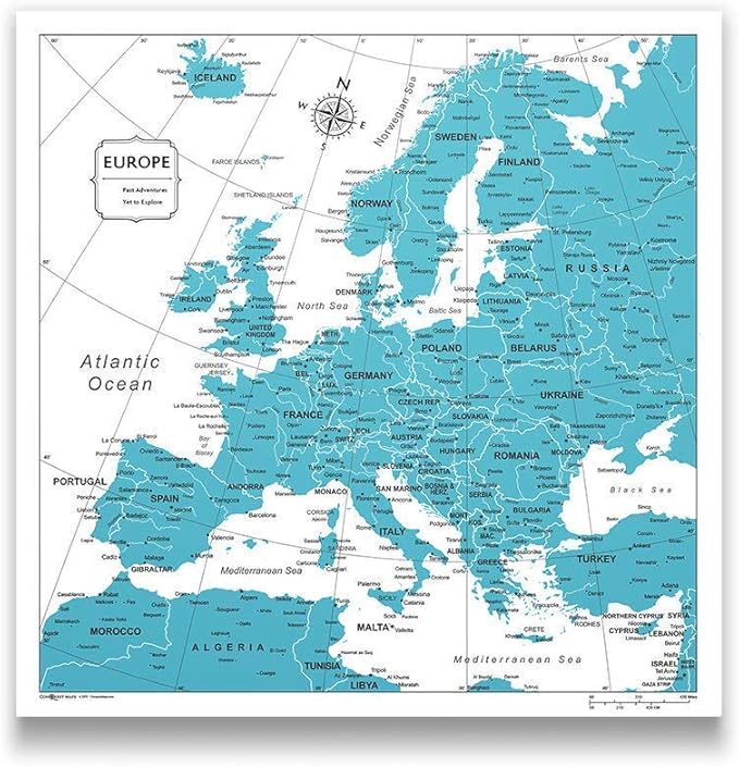 Push Pin Europe Map Board - With Push Pins to Mark Europe Travel - Handmade in Ohio, USA - Design: Teal Color Splash