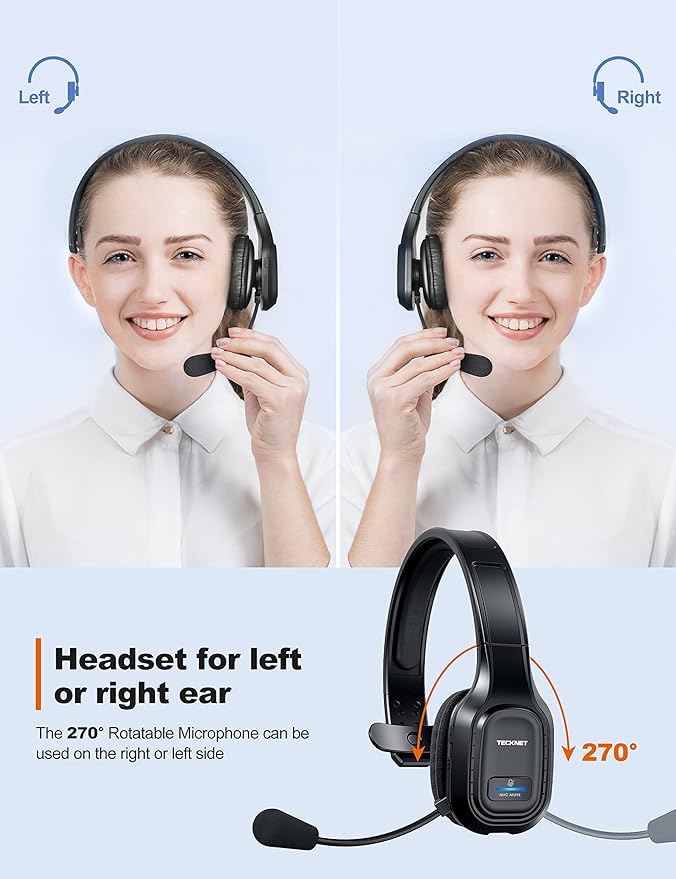 TECKNET Trucker Bluetooth Headset, Trucker Bluetooth Headphones with Microphone AI Noise Canceling Wireless On Ear Headset, Hands Free Wireless Headset for Cell Phone Computer Office Home (Black)