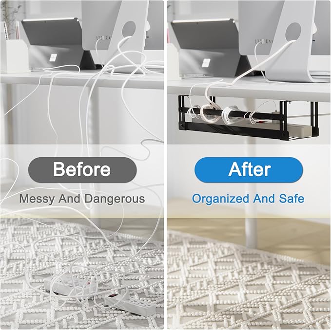 Under Desk Cable Management Tray, 17 in Metal Cable Tray Basket for Wire Management, Power Strip Holder, Cord Organizer, Wire Tamer for Home/Office Desk Cable Hider Black