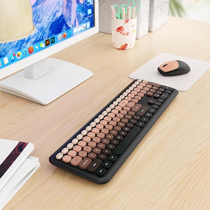 HotFox Wireless Keyboard and Mouse Combo, Full-Size Retro Typewriter Keyboard with Round Keycaps, Ergonomic Design for Windows PC, Home and Office Use -Red