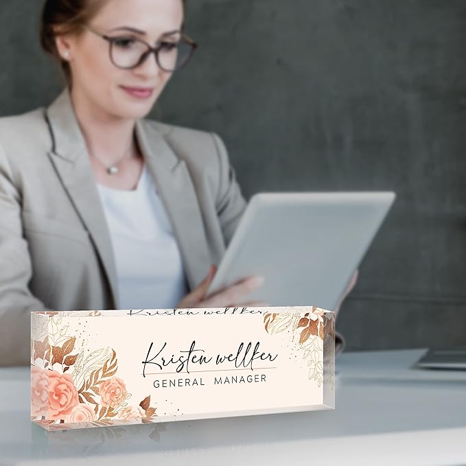 Personalized Office Name Plate for Desk, Custom Employee Appreciation Gifts, Acrylic Desk Name Plate Funny, Desk Decorations Gift, Acrylic Desk Ornaments (Style-Pink)