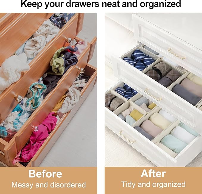 Drawer Organizer Clothes, Foldable Fabric Dresser Organizer Closet Organizers and Storage Box for Underwear,Folded Clothes,Baby Clothing,Socks,Bra,Towels,Ties(6M+6S,Beige)
