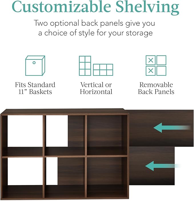 Best Choice Products 6-Cube Storage Organizer, 11in Shelf Opening, Bookcase, Display Shelf, Customizable w/ 3 Removable Back Panels – Walnut