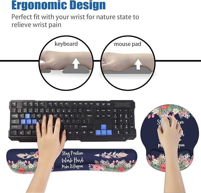 Keyboard Wrist Rest and Mouse Pad Wrist Support Set with Coasters, Inspirational Quote Stay Positive Work Hard and Make It Happen Wrist Mouse Pad with Non-Slip PU Base for Computer Laptop Home Office