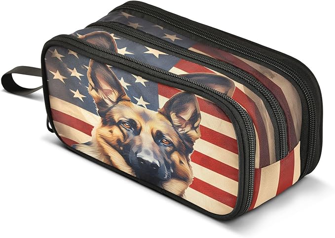 Dog German Shepherd American Flag Pencil Case Box Boys Girls Large Pencil Pouch Zipper Compartments Big Capacity Stationery Pen Bag Organizer for Kids Teens Adults School