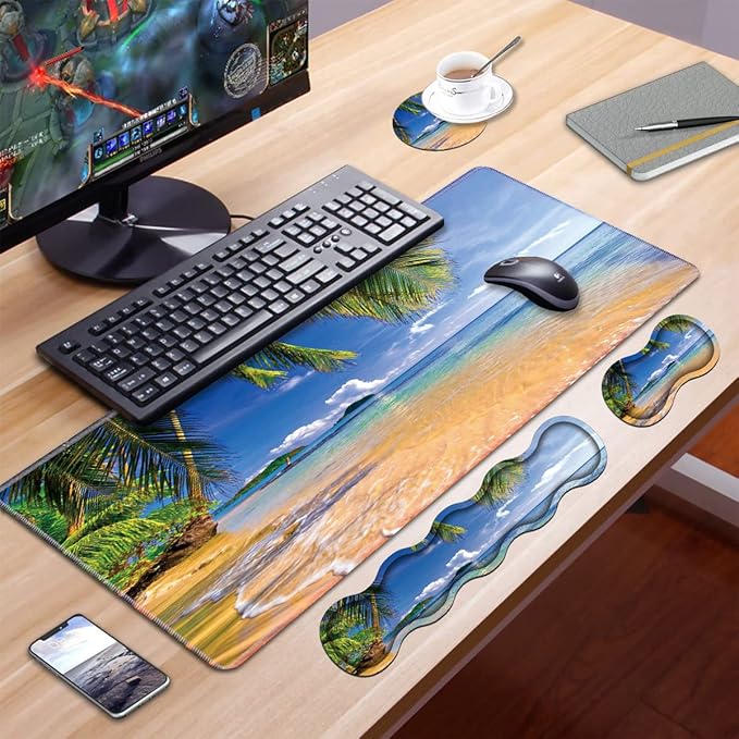 Ergonomic Keyboard Wrist Rest & Mouse Pad Wrist Rest Set, Large XXL Gaming Desk Mat 31.5"x 11.8", Non-Slip Base, Memory Foam, Easy Typing Pain Relief for Office & Home, Shore Palms Tropical Beach