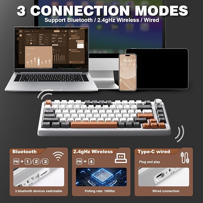 YUNZII B75 PRO Wireless Mechanical Keyboard,75% Layout with Knob,Hot Swap Gasket Custom Structure,Creamy Pre-lubed Switches,RGB Backlit,Bluetooth/Type-C/2.4G for Win/Mac(Milk Switch,Grey)