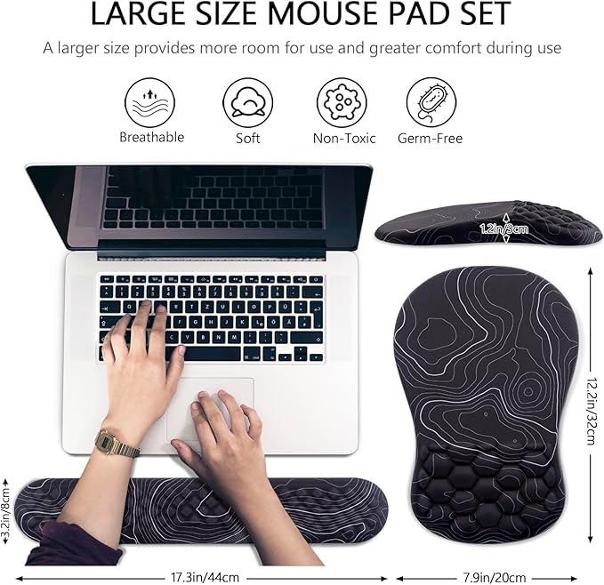 Mouse Pad Wrist Support, Laokiiy 2 in1 Keyboard Wrist Rest+ Ergonomic Mouse Pad, Non-Slip Wrist Rest for Computer Keyboard, Made Easy Typing & Relieve Wrist Pain(Black White)
