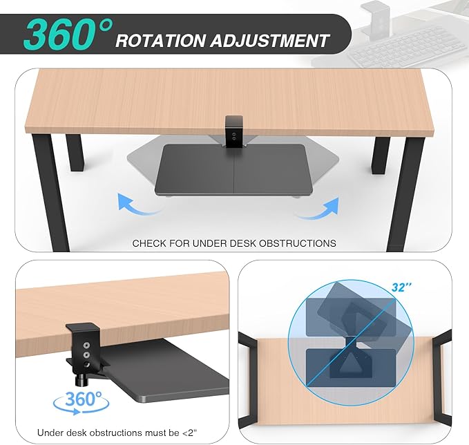 Large Under Desk Rotatable Computer Keyboard and Mouse Tray, 23 x 10 inch Extra Sturdy Desk Swivel Clamp, Ergonomic Keyboard & Mouse Tray for Typing in Home, Office Work, Black