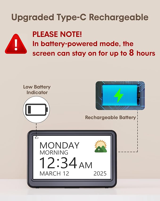 Clock with Day and Date for Elderly Battery Operated, Rechargeable Digital Calendar Clock with 12 Display Modes, 20 Alarms and Medicine Reminders, Dementia Clocks for Seniors Memory Loss Alzheimer's
