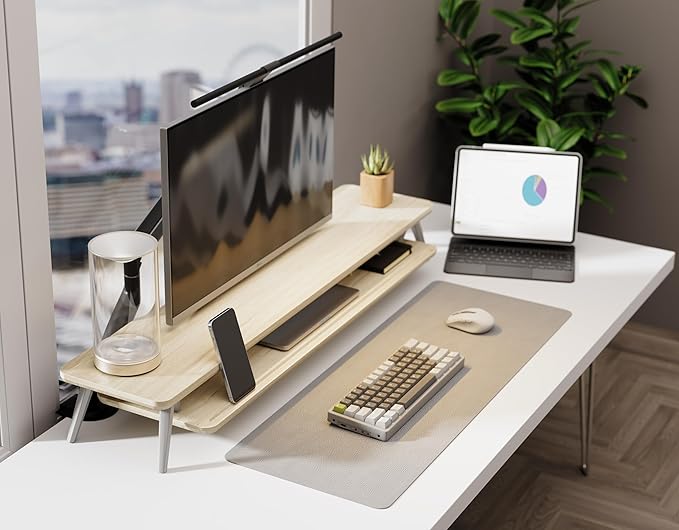 Fenge Dual Monitor Stand, Monitor Stands Riser for 2 monitors, 42.5 Inch Wood Desk Shelf with Storage Organizer and Cable Management for Office Desk Accessories