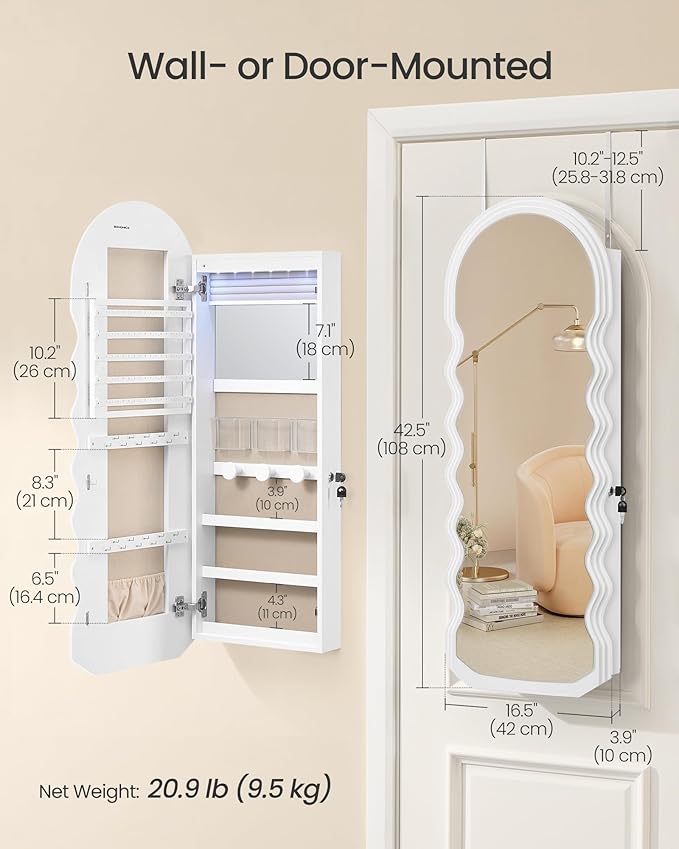 SONGMICS Mirror Jewelry Cabinet Wall Mounted Over the Door, Hanging LED Jewelry Organizer, Lockable Wavy Wide Mirror with Storage, Interior Lights, 3.9 x 16.5 x 42.5 Inches, White UJJC031W01