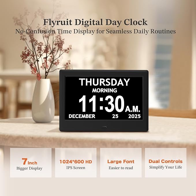 7'' Dementia Clock For Seniors, Large Display Digital Clock With Date, Time, Day Of Week for Elderly, Memory Loss, Alzheimer, 1024*600P HD, 10 Reminders & 6 Alarms, Auto Dimming & DST, Remote Control