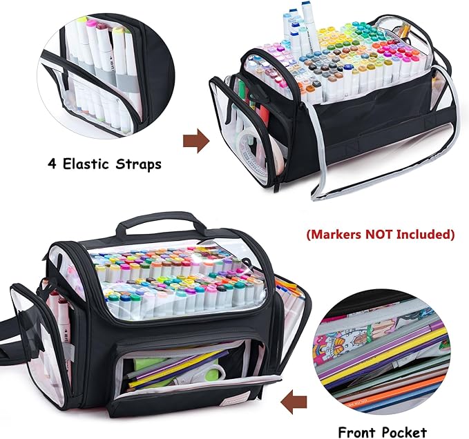 Large Marker Organizer Case Holds 200-300 Markers | Art Marker Storage Bag with Removable Dividers & Clear Top for Artists, Crafters & Travel - Pen, Pencil Alcohol Marker Holder - Art Supply