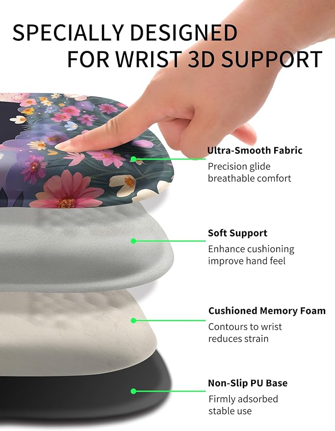 Hokafenle Ergonomic Wrist-Hugging Mouse Pad Wrist Support, U-Shaped Holding Wrist Rest Mousepad for Carpal Tunnel Pain Relief with Cushioned Memory Foam Slope Massage Bulge (10.2x8.3 in,Flower Cat)