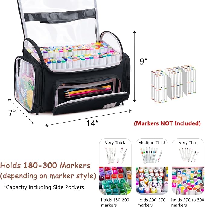 Large Marker Organizer Case Holds 200-300 Markers | Art Marker Storage Bag with Removable Dividers & Clear Top for Artists, Crafters & Travel - Pen, Pencil Alcohol Marker Holder - Art Supply
