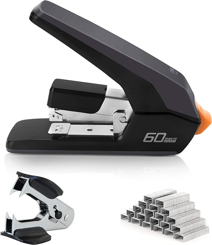 Deli Effortless Heavy Duty Stapler, One Touch Stapling, Easy to Load Ergonomic Stapler, 60 Sheet Capacity, Includes 2000 Staples and Staple Remover for Desktop