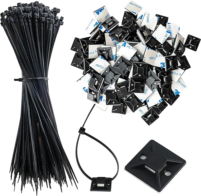 340 Pcs Self Adhesive Cable Zip Tie Mounts Set | 170 Pcs Cable Tie Mounting Base,3/4" | 170 Pcs Zip Ties,8" | Black,Cable Clip,Wire Management Clips,Wall Ties Fixing Mount,Wire Holders for Cables
