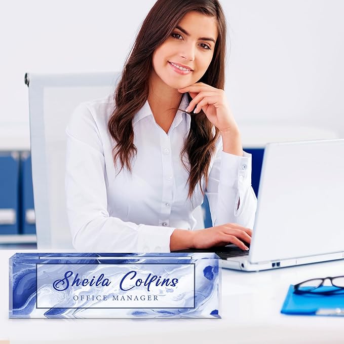 Custom Acrylic Name Plate for Desk, Employee Appreciation Gifts, Office Decor, Personalized, Funny Gifts for Coworkers Boss Teacher (Blue/White)