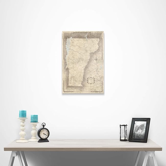 Conquest Maps Push Pin Vermont Map Board - With Push Pins to Mark Vermont Travels - Handmade in Ohio, USA - Design: Rustic Vintage