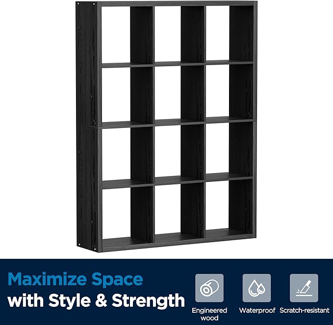 12-Cube Storage Organizer, Wooden Cube Shelf Bookcase with Reinforced Thick Shelves, Heavy-Duty 36.93" L x 9.37" W x 48.82" H, for Living Room Bedroom Home Office, Black