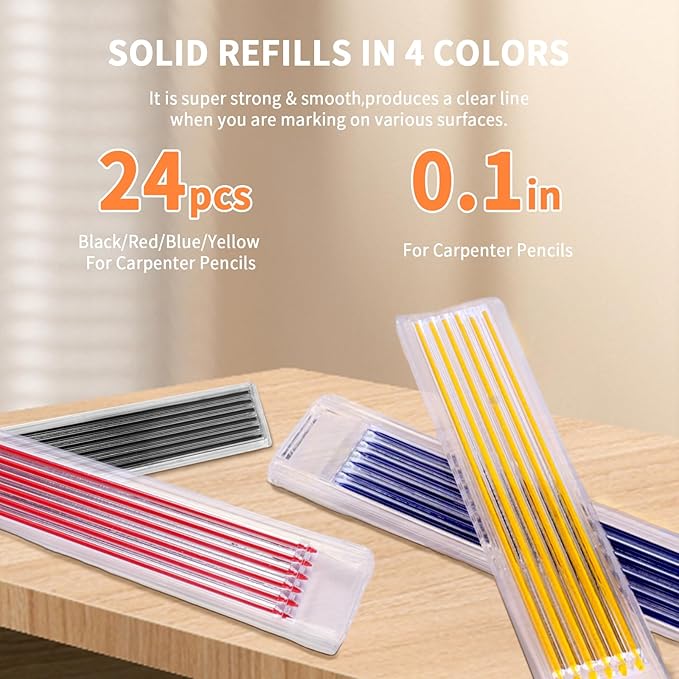 vofauiss 4 Pack Carpenter Pencil with Sharpener, Mechanical Pencils Set with 28 Refills, Construction Pencil Heavy Duty Woodworking Pencils (Red, Black, Yellow, Blue) Deep Hole Long Nib Marker Pens