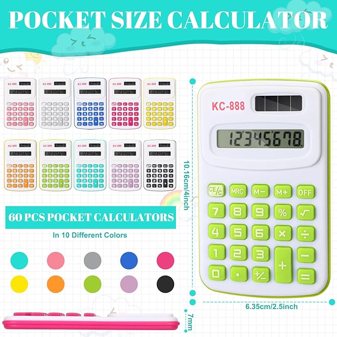 60 Pcs Pocket Size Mini Calculator Small Calculators Bulk Handheld Basic Calculator with Button Battery, 8 Digit Display Office Calculators for Home School Kids Teacher (Multicolor)