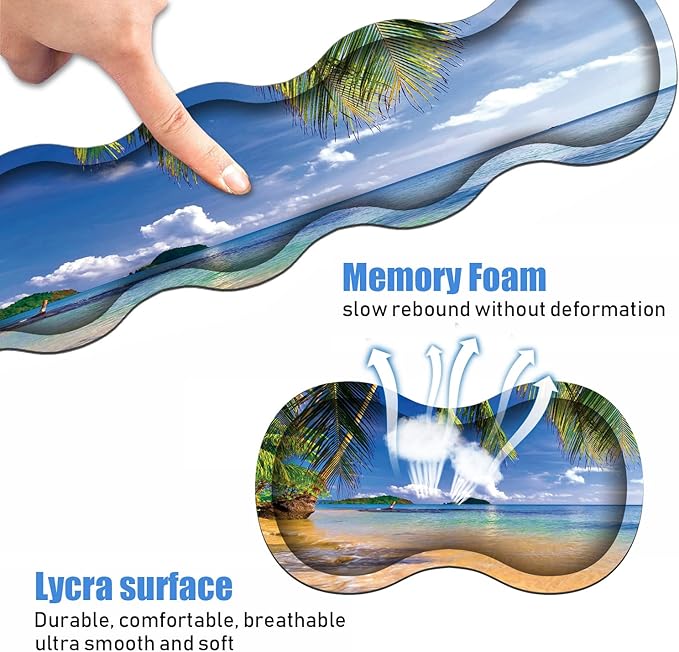 Ergonomic Keyboard Wrist Rest & Mouse Pad Wrist Rest Set, Large XXL Gaming Desk Mat 31.5"x 11.8", Non-Slip Base, Memory Foam, Easy Typing Pain Relief for Office & Home, Shore Palms Tropical Beach