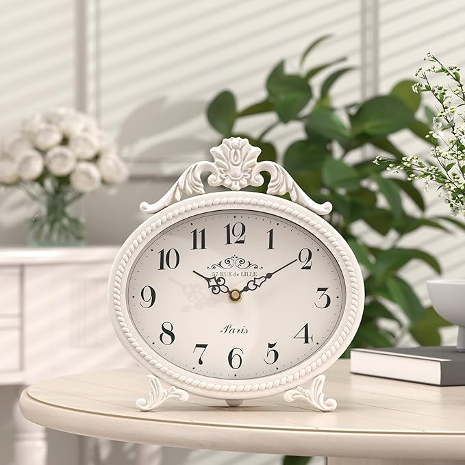 Abdurey Vintage Table Clock on Stand,Desk and Shelf Decorative Clock,French Rustic Style Mantel Clocks,Metal Frame Antique White Finish,Farmhouse,Bedroom, Bedside,Living Room,Gift Clocks