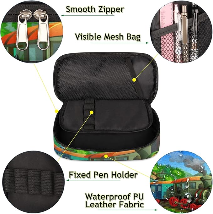 Pardick Vintage Steam Train Big Capacity Pencil Pen Case Cute Steam Train Large Pencil Pouch with Zipper Compartments Pencil Bag for Boys Girls Adults Student Office School Supplies