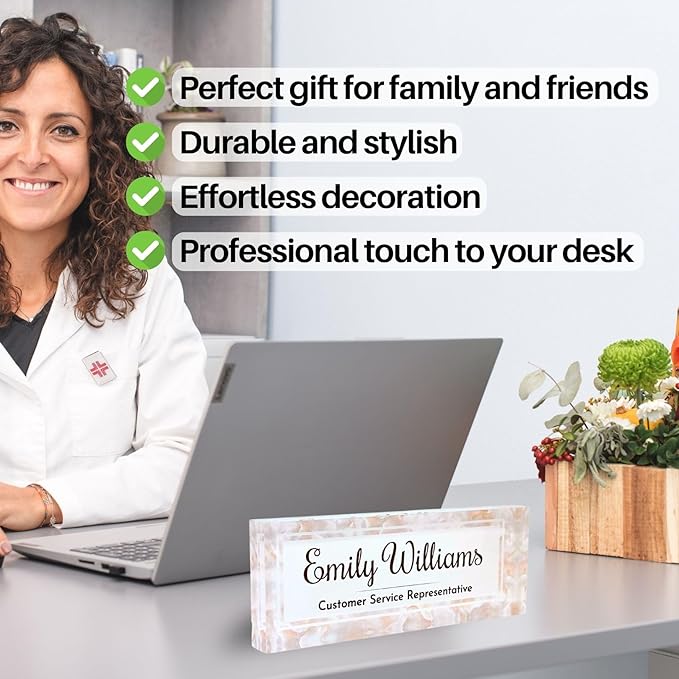 Customized Clear Acrylic Thick 8x3" Desk Name Plate Block with Personalized Logo - Professional Office Decor - Customized Acrylic Plate Gift for Teacher Co-workers, Christmas Gifts for Her, Thanksgiving Gifts (Mother of Pearl)