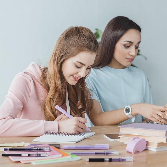Colarr Mini Office Supply Kit Includes Stapler Tape Dispenser Staple Remover Paper Clips Scissor Staples Pen Sharpener Note Small Telescopic Knife for Office and School Clerk Student (Purple)