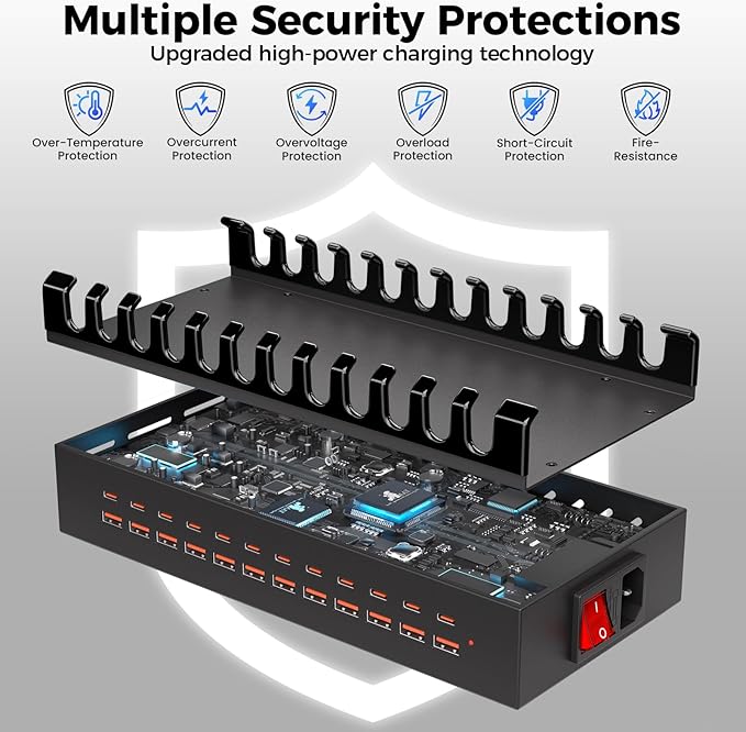 300W USB Charging Station for Multiple Devices, 24 Port USB C Fast Charging Station, Multi Device Charger Station Organizer Compatible with Tablet, Laptop, Cellphone, iPhone, iPad and More