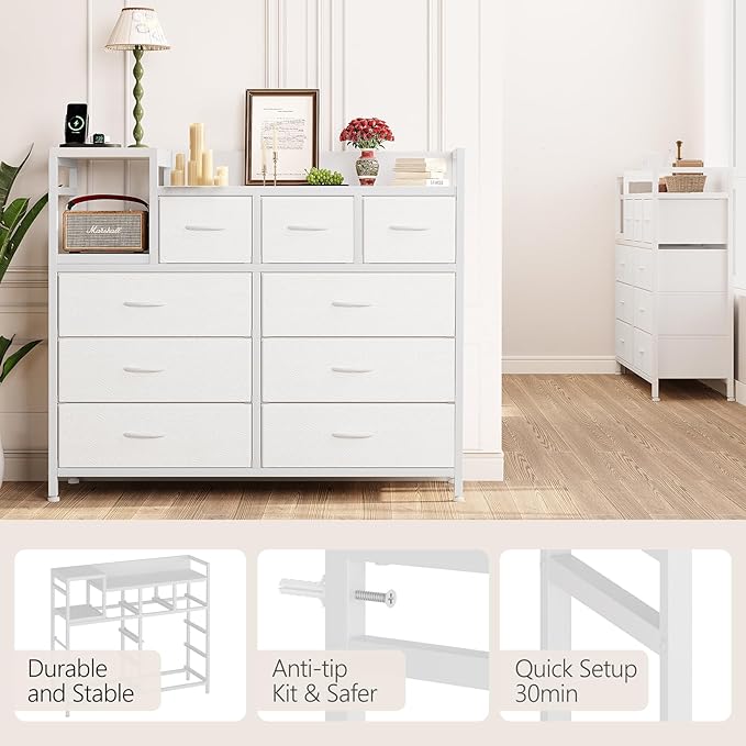 Jojoka 9 Drawer Dresser TV Stand with Charging Station,Modern Entertainment Center for Living Room & Bedroom with Power Outlets, Open Storage Shelves, White