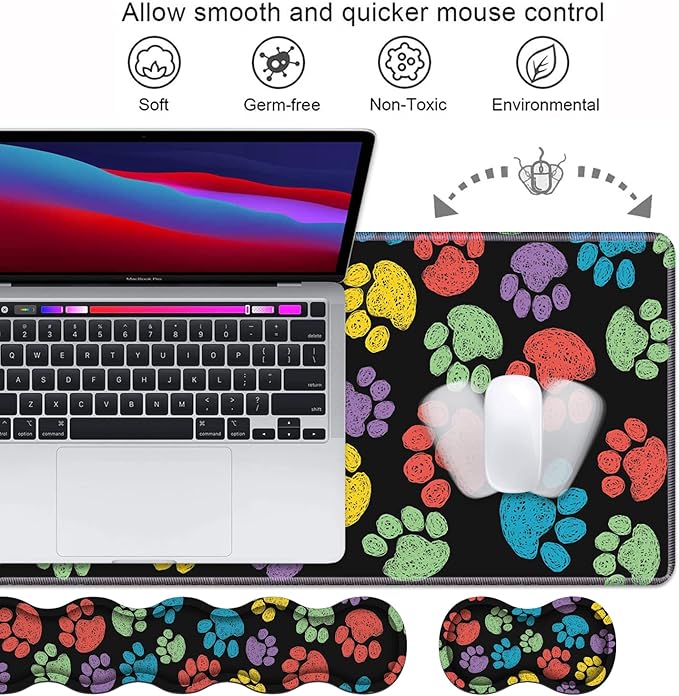 Ergonomic Keyboard Wrist Rest & Mouse Pad Wrist Rest Set,Large XXL Gaming Mousepad 31.5"x 11.8",Memory Foam,Easy Typing Pain Relief,Multifunctional Desk Mat for Office & Home,Colorful Dog Paw Print