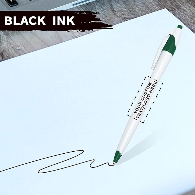 DISCOUNT PROMOS Custom Slim Curvy Ballpoint Pens Set of 50, Personalized Bulk Pack - Black Ink, Retractable, Great for Office, School, Tradeshows - Green