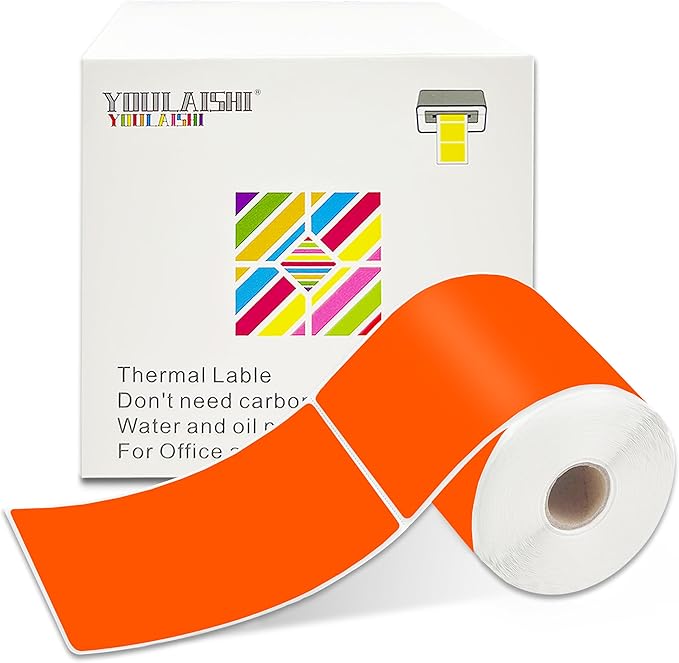 YOULAISHI 3 X 5 Inch Printable Waterproof Rectangle Color Coding Labels, 300 Per Roll Adhesive Color Coding Stickers for Bar-Codes, Address, Small Business Labeling, Fluorescent Orange