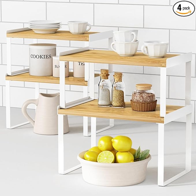 Kitchen Cabinet Organizer Set of 4, Desk Shelf Riser, Stackable Cabinet Pantry Cupboard Organizer, Kitchen Counter top Shelf, Storage Rack for Spices, Plates, Bamboo Wood, White